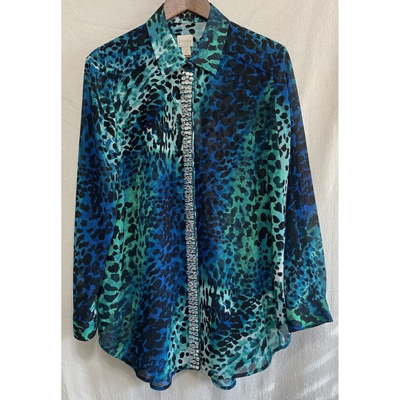 Chico's NWT Watercolor Spots Rhinestone Trim Sheer Blouse Women's 2 L Teal Blue - Picture 2 of 11
